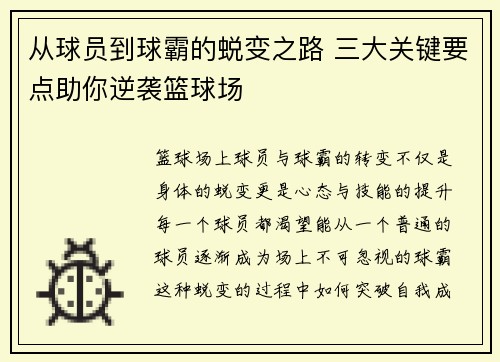 从球员到球霸的蜕变之路 三大关键要点助你逆袭篮球场