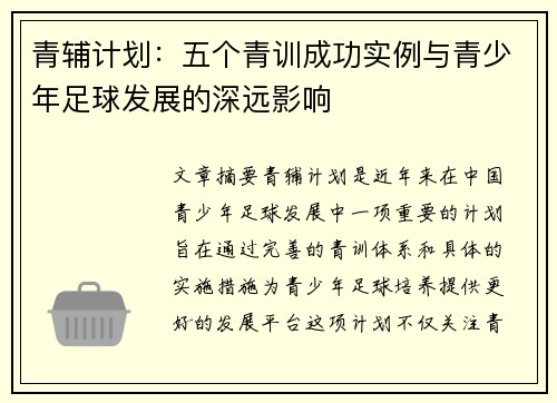 青辅计划：五个青训成功实例与青少年足球发展的深远影响