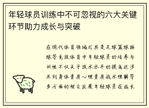 年轻球员训练中不可忽视的六大关键环节助力成长与突破